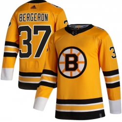 Men Boston Bruins 37 Patrice Bergeron Yellow 2020 21 Reverse Retro Adidas Jersey