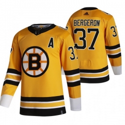 Men Boston Bruins 37 Patrice Bergeron Yellow Adidas 2020 21 Reverse Retro Alternate NHL Jersey