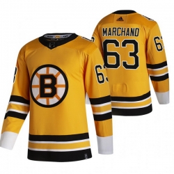 Men Boston Bruins 63 Brad Marchand Yellow Adidas 2020 21 Reverse Retro Alternate NHL Jersey