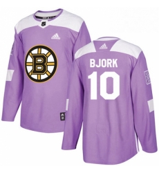 Mens Adidas Boston Bruins 10 Anders Bjork Authentic Purple Fights Cancer Practice NHL Jersey 