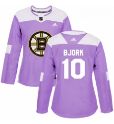 Womens Adidas Boston Bruins 10 Anders Bjork Authentic Purple Fights Cancer Practice NHL Jersey 