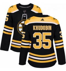 Womens Adidas Boston Bruins 35 Anton Khudobin Authentic Black Home NHL Jersey 
