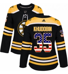 Womens Adidas Boston Bruins 35 Anton Khudobin Authentic Black USA Flag Fashion NHL Jersey 