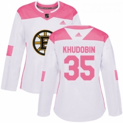 Womens Adidas Boston Bruins 35 Anton Khudobin Authentic WhitePink Fashion NHL Jersey 