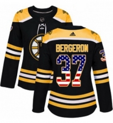 Womens Adidas Boston Bruins 37 Patrice Bergeron Authentic Black USA Flag Fashion NHL Jersey 