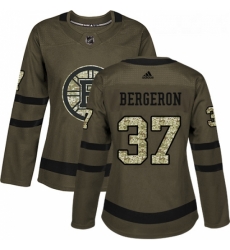 Womens Adidas Boston Bruins 37 Patrice Bergeron Authentic Green Salute to Service NHL Jersey 