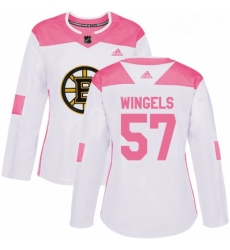 Womens Adidas Boston Bruins 57 Tommy Wingels Authentic White Pink Fashion NHL Jersey 
