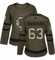 Womens Adidas Boston Bruins 63 Brad Marchand Authentic Green Salute to Service NHL Jersey 