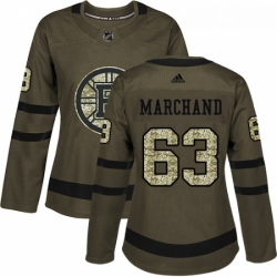 Womens Adidas Boston Bruins 63 Brad Marchand Authentic Green Salute to Service NHL Jersey 