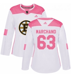 Womens Adidas Boston Bruins 63 Brad Marchand Authentic WhitePink Fashion NHL Jersey 
