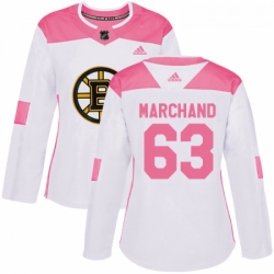 Womens Adidas Boston Bruins 63 Brad Marchand Authentic WhitePink Fashion NHL Jersey 