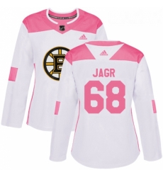 Womens Adidas Boston Bruins 68 Jaromir Jagr Authentic WhitePink Fashion NHL Jersey 