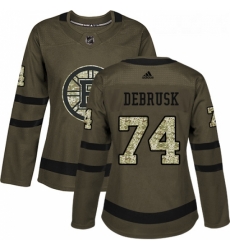 Womens Adidas Boston Bruins 74 Jake DeBrusk Authentic Green Salute to Service NHL Jersey 