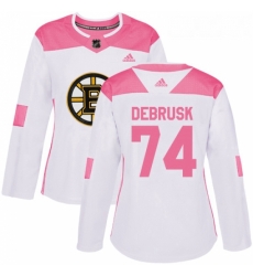 Womens Adidas Boston Bruins 74 Jake DeBrusk Authentic WhitePink Fashion NHL Jersey 