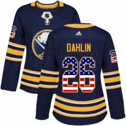 Womens Adidas Buffalo Sabres 26 Rasmus Dahlin Authentic Navy Blue USA Flag Fashion NHL Jersey 
