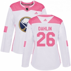Womens Adidas Buffalo Sabres 26 Rasmus Dahlin Authentic White Pink Fashion NHL Jersey 