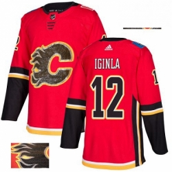 Mens Adidas Calgary Flames 12 Jarome Iginla Authentic Red Fashion Gold NHL Jersey 
