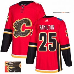 Mens Adidas Calgary Flames 25 Freddie Hamilton Authentic Red Fashion Gold NHL Jersey 