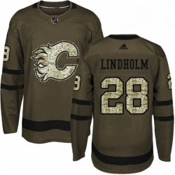 Mens Adidas Calgary Flames 28 Elias Lindholm Green Salute to Service Stitched NHL Jersey 