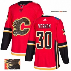 Mens Adidas Calgary Flames 30 Mike Vernon Authentic Red Fashion Gold NHL Jersey 