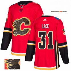Mens Adidas Calgary Flames 31 Eddie Lack Authentic Red Fashion Gold NHL Jersey 