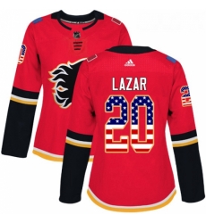 Womens Adidas Calgary Flames 20 Curtis Lazar Authentic Red USA Flag Fashion NHL Jersey 