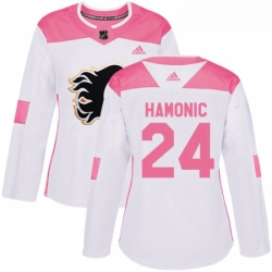 Womens Adidas Calgary Flames 24 Travis Hamonic Authentic WhitePink Fashion NHL Jersey 