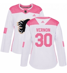 Womens Adidas Calgary Flames 30 Mike Vernon Authentic WhitePink Fashion NHL Jersey 