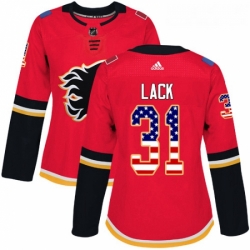 Womens Adidas Calgary Flames 31 Eddie Lack Authentic Red USA Flag Fashion NHL Jersey 