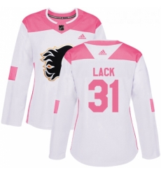 Womens Adidas Calgary Flames 31 Eddie Lack Authentic WhitePink Fashion NHL Jersey 