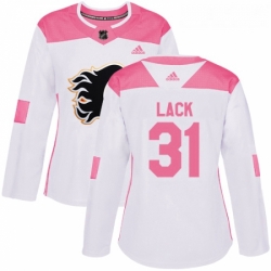 Womens Adidas Calgary Flames 31 Eddie Lack Authentic WhitePink Fashion NHL Jersey 