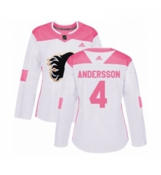 Womens Adidas Calgary Flames 4 Rasmus Andersson Authentic White Pink Fashion NHL Jersey 