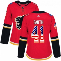 Womens Adidas Calgary Flames 41 Mike Smith Authentic Red USA Flag Fashion NHL Jersey 