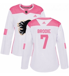 Womens Adidas Calgary Flames 7 TJ Brodie Authentic WhitePink Fashion NHL Jersey 