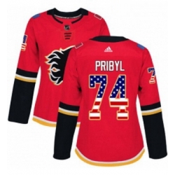 Womens Adidas Calgary Flames 74 Daniel Pribyl Authentic Red USA Flag Fashion NHL Jersey 