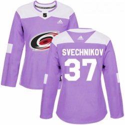 Womens Adidas Carolina Hurricanes 37 Andrei Svechnikov Authentic Purple Fights Cancer Practice NHL Jersey 