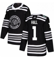 Mens Adidas Chicago Blackhawks 1 Glenn Hall Authentic Black 2019 Winter Classic NHL Jersey 