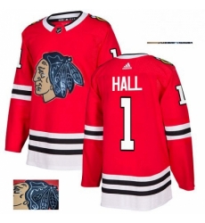 Mens Adidas Chicago Blackhawks 1 Glenn Hall Authentic Red Fashion Gold NHL Jersey 