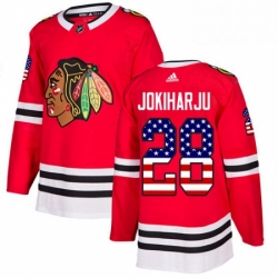 Mens Adidas Chicago Blackhawks 28 Henri Jokiharju Authentic Red USA Flag Fashion NHL Jersey 