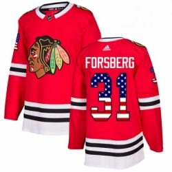 Mens Adidas Chicago Blackhawks 31 Anton Forsberg Authentic Red USA Flag Fashion NHL Jersey 