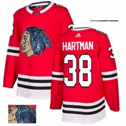 Mens Adidas Chicago Blackhawks 38 Ryan Hartman Authentic Red Fashion Gold NHL Jersey 