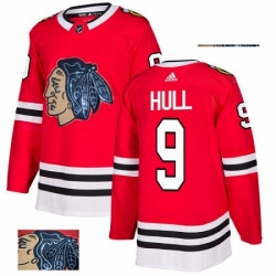 Mens Adidas Chicago Blackhawks 9 Bobby Hull Authentic Red Fashion Gold NHL Jersey 