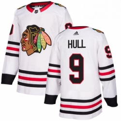 Mens Adidas Chicago Blackhawks 9 Bobby Hull Authentic White Away NHL Jersey 