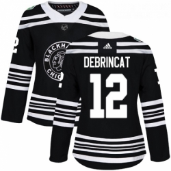 Womens Adidas Chicago Blackhawks 12 Alex DeBrincat Authentic Black 2019 Winter Classic NHL Jersey 