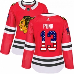 Womens Adidas Chicago Blackhawks 13 CM Punk Authentic Red USA Flag Fashion NHL Jersey 