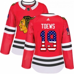 Womens Adidas Chicago Blackhawks 19 Jonathan Toews Authentic Red USA Flag Fashion NHL Jersey 