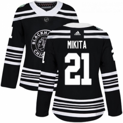 Womens Adidas Chicago Blackhawks 21 Stan Mikita Authentic Black 2019 Winter Classic NHL Jersey 