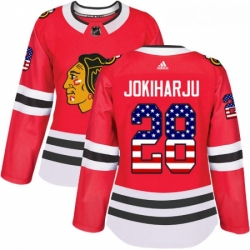 Womens Adidas Chicago Blackhawks 28 Henri Jokiharju Authentic Red USA Flag Fashion NHL Jersey 