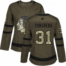 Womens Adidas Chicago Blackhawks 31 Anton Forsberg Authentic Green Salute to Service NHL Jersey 