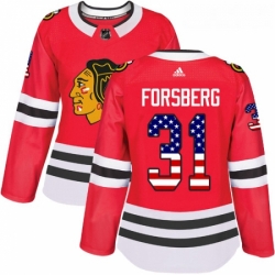 Womens Adidas Chicago Blackhawks 31 Anton Forsberg Authentic Red USA Flag Fashion NHL Jersey 